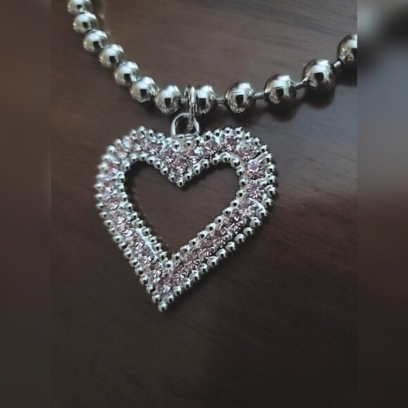 💃  Silver Balls Dog or Cat Neck chain With Heart Rhinestones Pendant 🌴 - Picture 4 of 7
